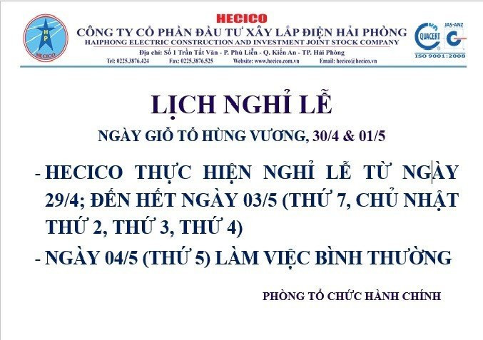 Hecico thông báo Lịch nghỉ lễ 30/4-1/5/2023 2 Hecico thông báo Lịch nghỉ lễ 30/4-1/5/2023